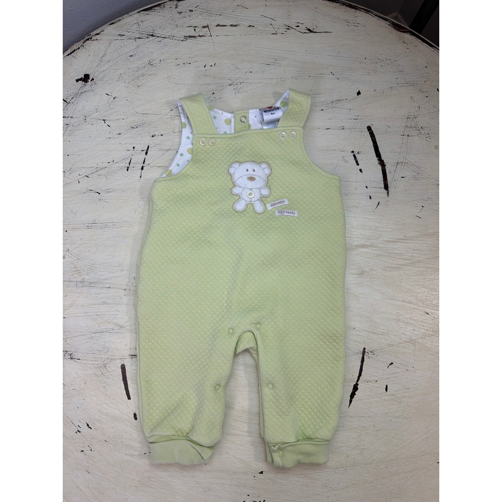 Vintage Romper Kids Baby 9M Lime Green Quilted Teddy Bear Sleeveless One Piece